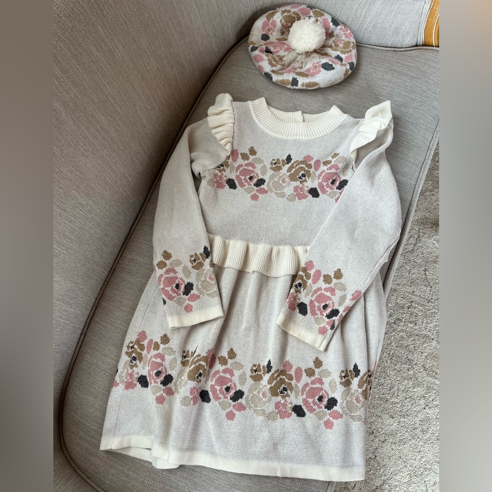 Winter floral Knit Kids Dress and beret, janie and jack size 7 (runs big)